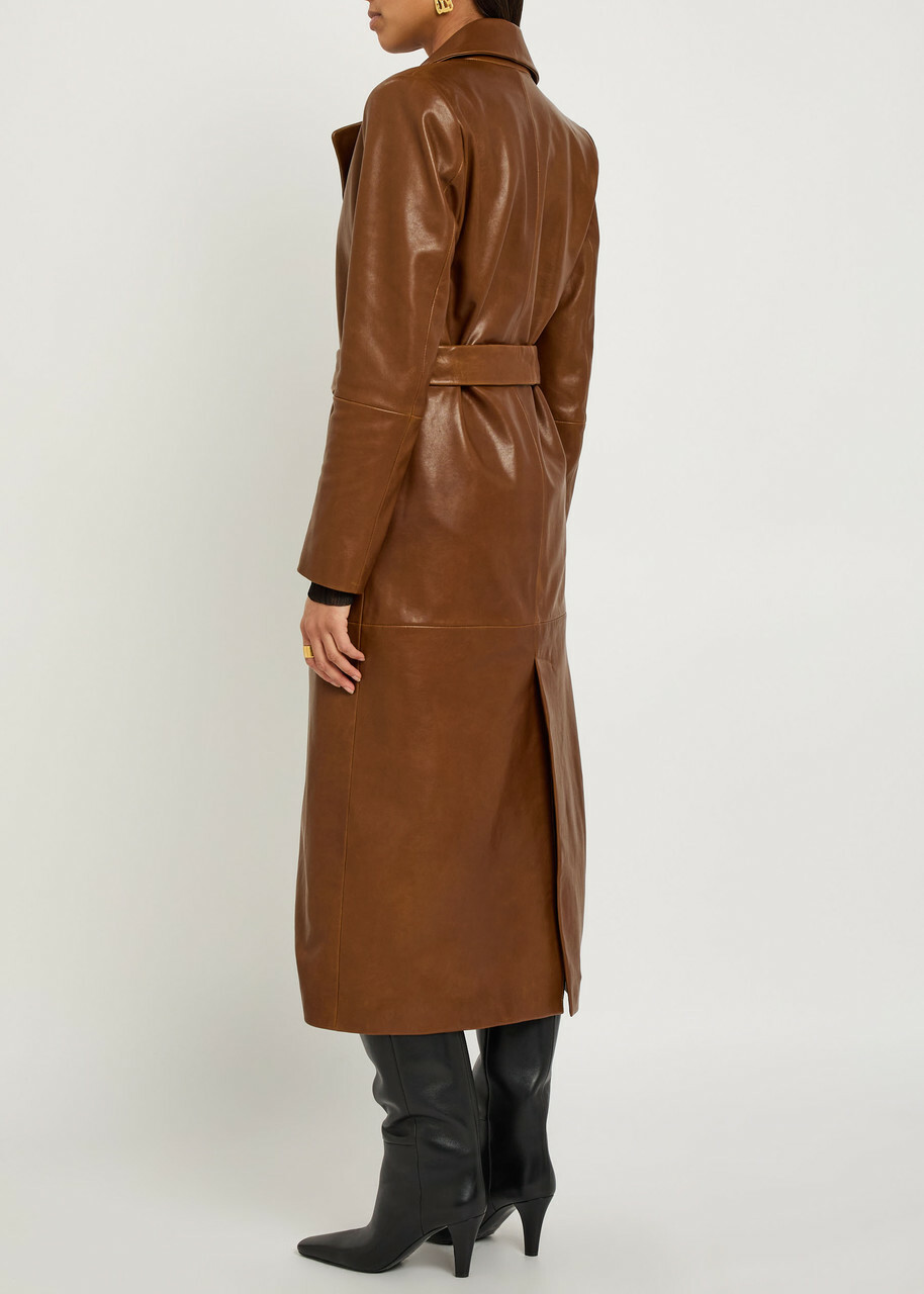 Nour Hammour Scarlett Belted Leather Trench Coat Brown