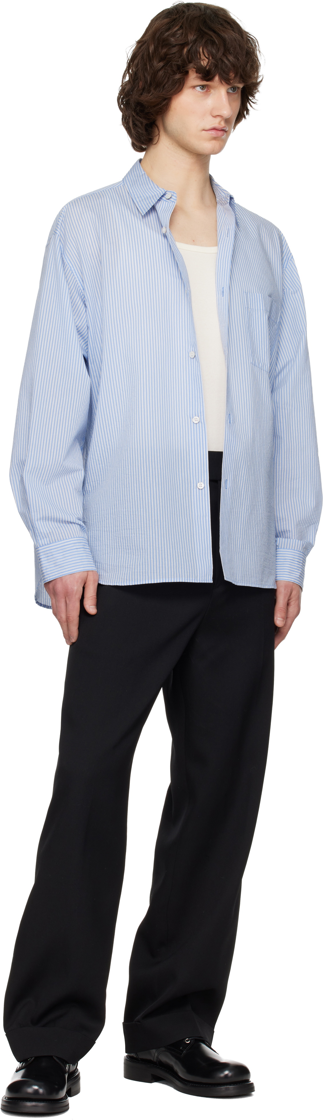 Solid Homme Blue Cotton Nylon Stripe Shirt