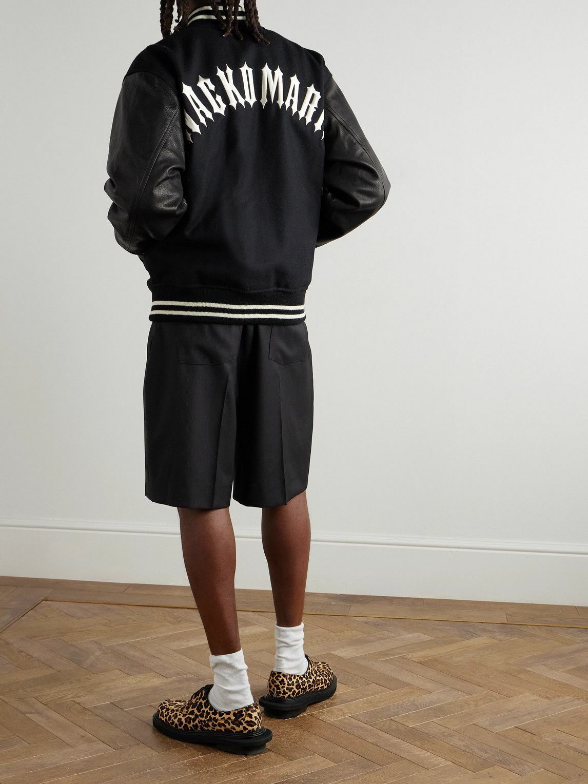 Wacko Maria - Leather-Panelled Striped Appliquéd Wool-Blend Varsity Jacket - Black