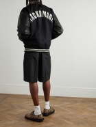 Wacko Maria - Leather-Panelled Striped Appliquéd Wool-Blend Varsity Jacket - Black