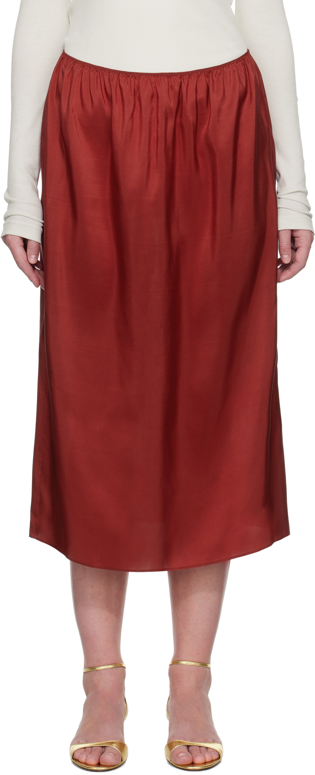 Carven Red Pull-On Silk Toile Midi Skirt