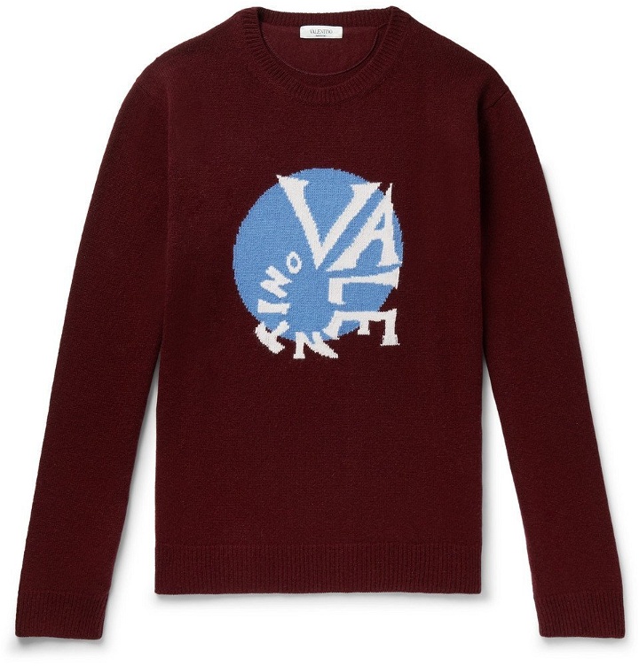 Photo: Valentino - Oversized Logo-Intarsia Virgin Wool and Cashmere-Blend Sweater - Men - Burgundy