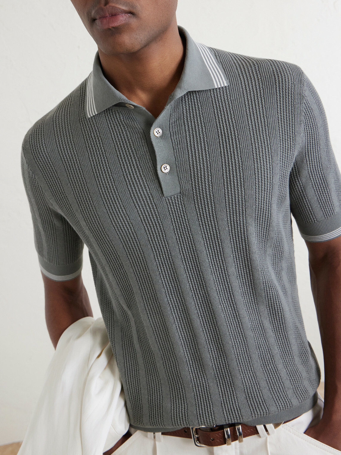 Brunello Cucinelli - Striped Pointelle-Knit Cotton Polo Shirt - Green