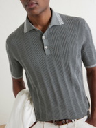 Brunello Cucinelli - Striped Pointelle-Knit Cotton Polo Shirt - Green