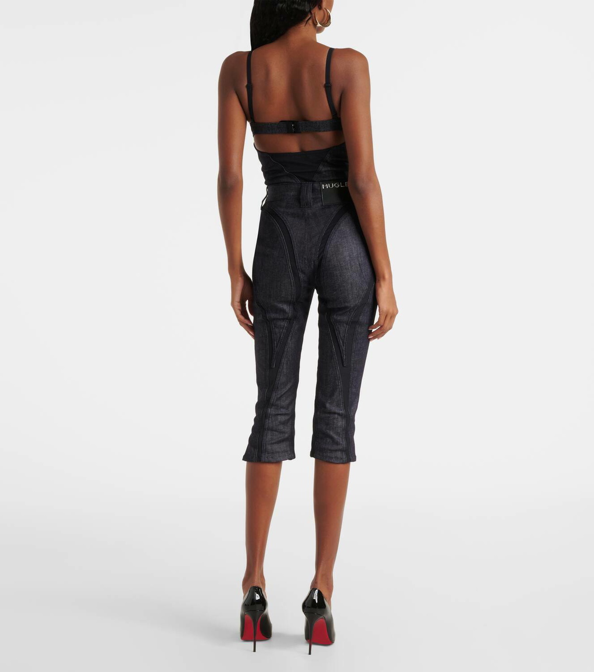 Mugler Mesh-trimmed denim capri pants