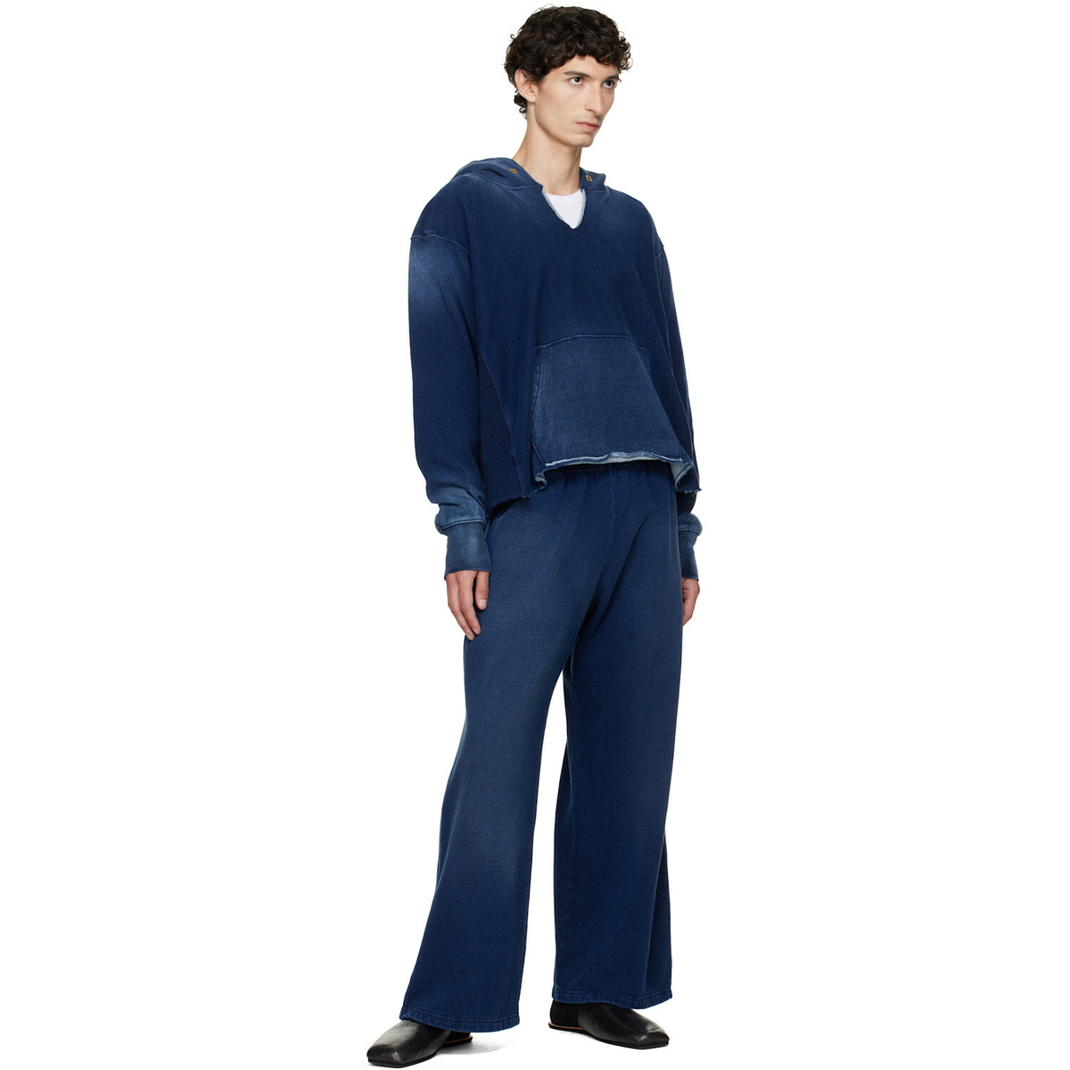 Les Tien Navy Heavyweight Raw Cropped Hoodie