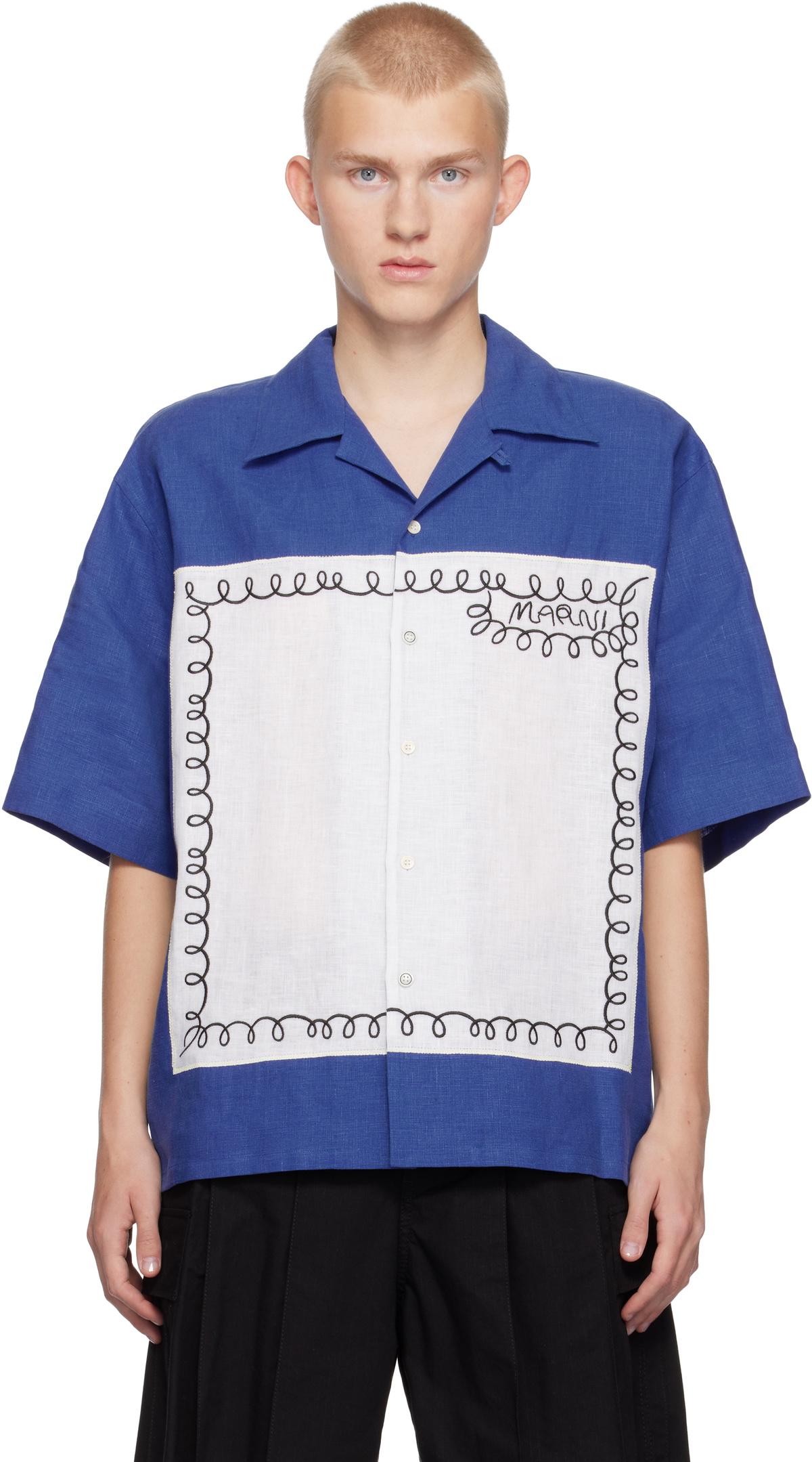 Marni Blue Embroidered Bowling Shirt