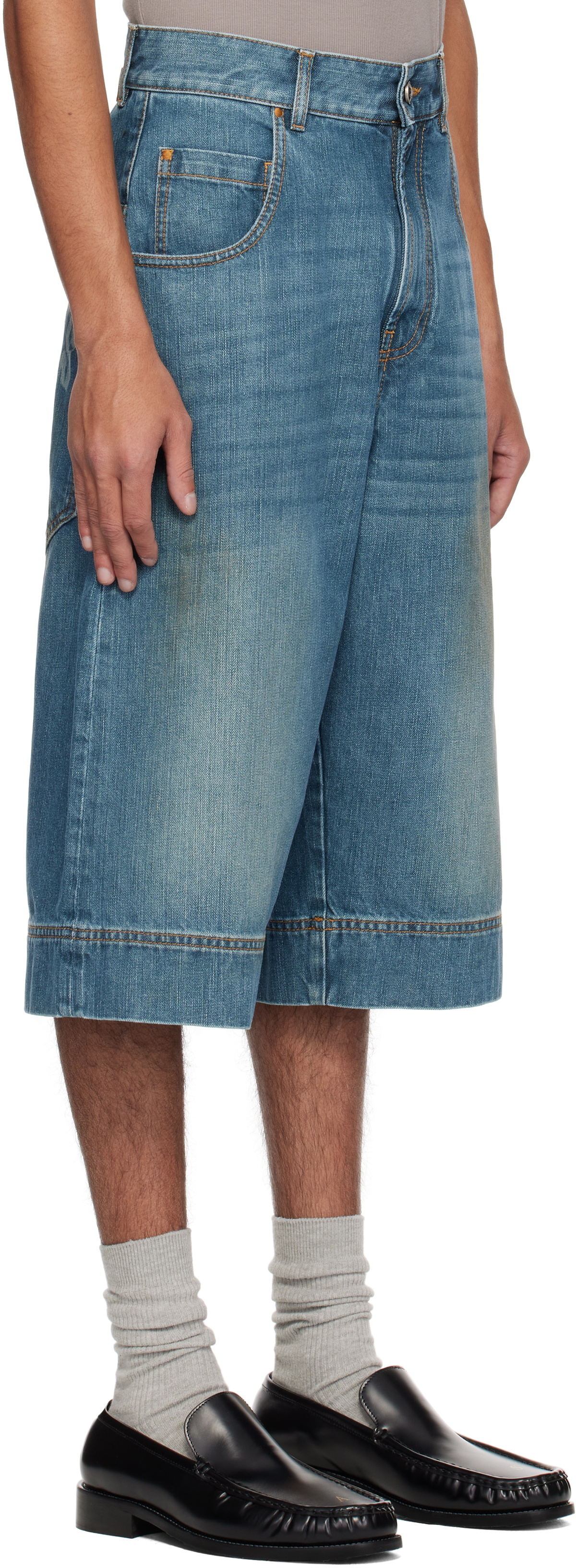 Palm Angels Blue Lasered Curved Logo Denim Shorts