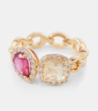 Nadine Aysoy Catena Double 18kt gold ring with sapphire, rubellite and diamonds