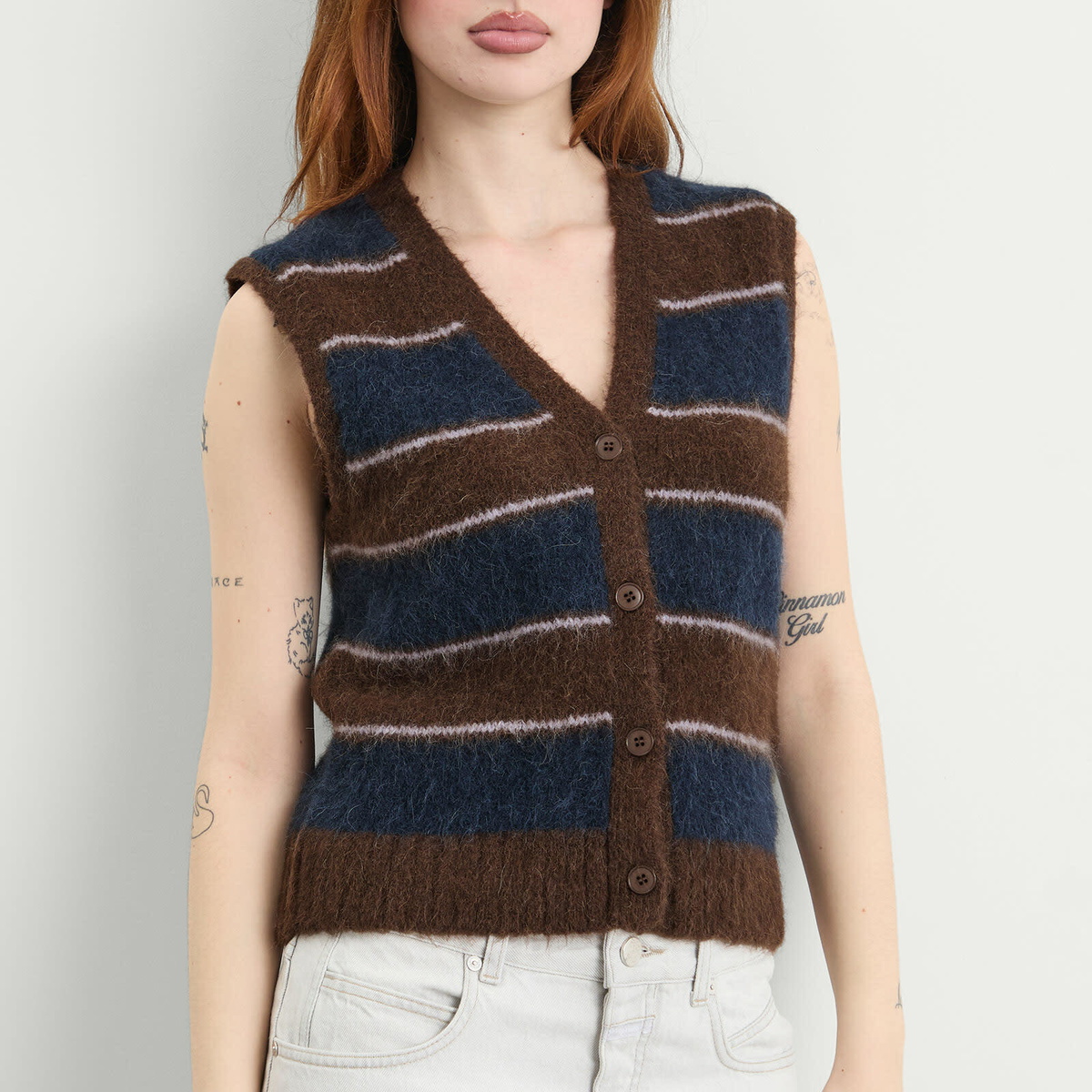 Samsøe Samsøe Women's Sajeanne Hairy Knit Vest Top in Black Coffee Stripe
