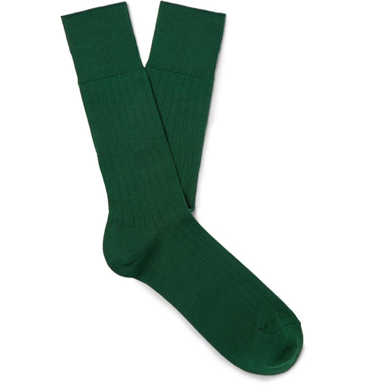 Photo: Mr P. - Ribbed Cotton-Blend Socks - Green
