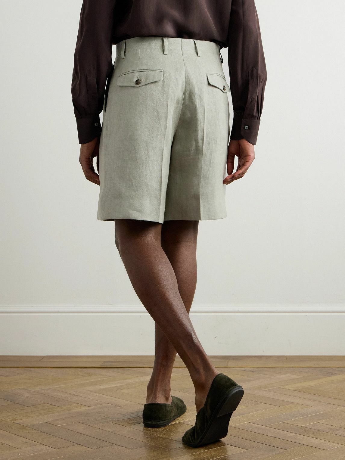 Lardini - Aramis Straight-Leg Pleated Linen-Twill Bermuda Shorts - Green