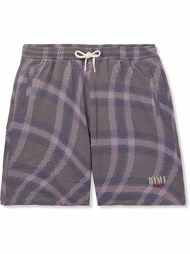 Photo: DIME - Straight-Leg Logo-Embroidered Checked Cotton-Jersey Drawstring Shorts - Purple
