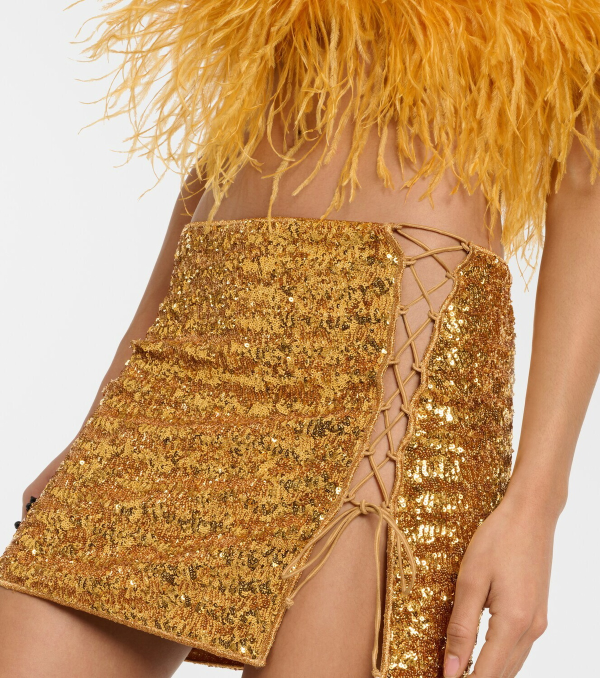 Oséree Feather-trimmed sequined miniskirt