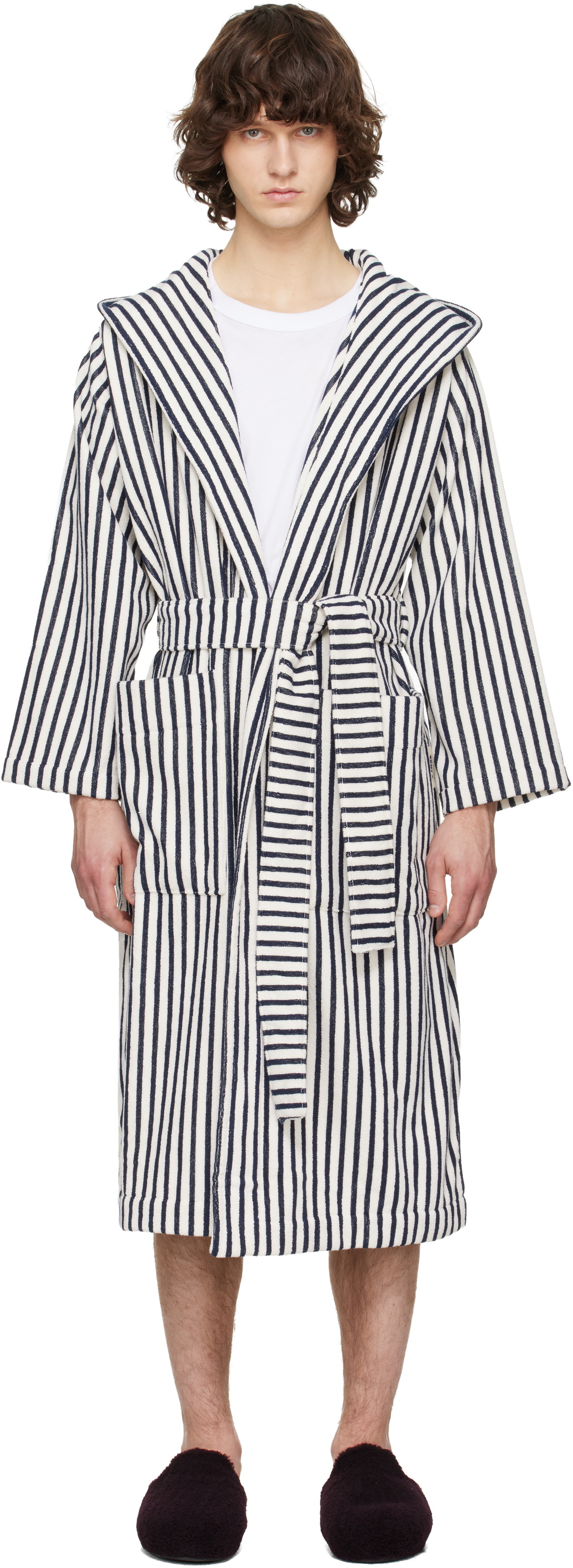 Tekla Off-White & Navy Terry Hooded Bathrobe