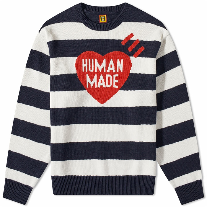 Photo: Human Made Men's Striped Heart Knit Sweater in Navy
