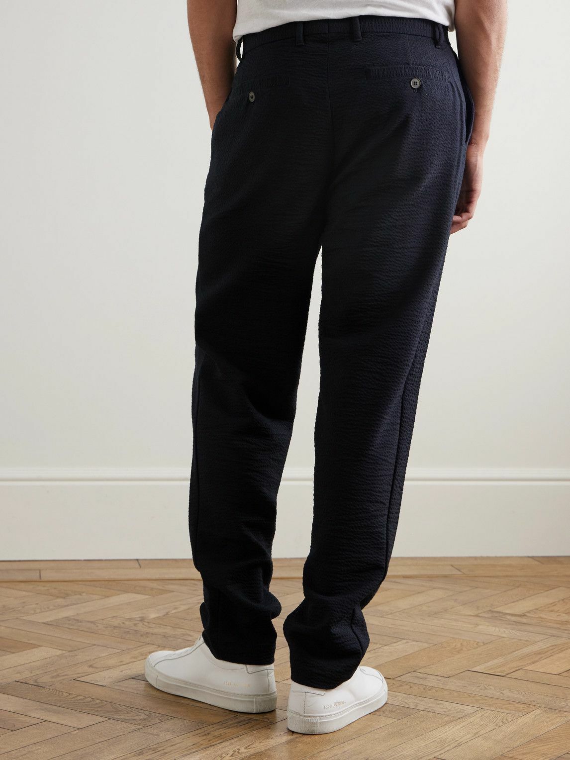 Sunspel - Straight-Leg Wool-Blend Seersucker Trousers - Blue
