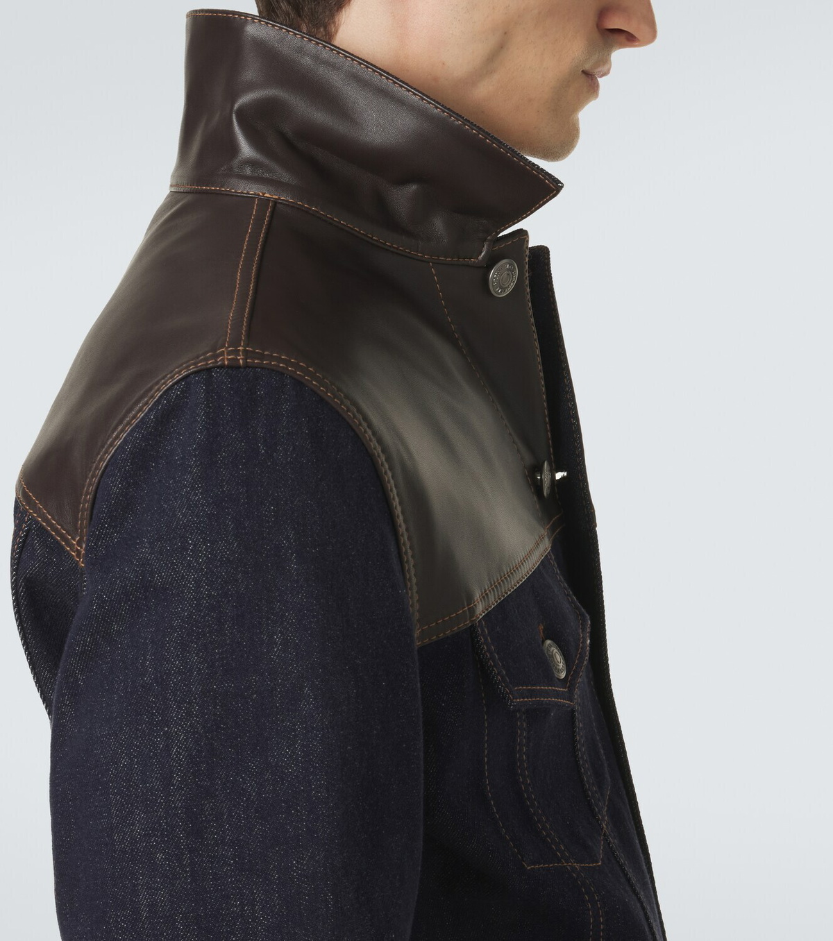 Brunello Cucinelli Leather-paneled denim jacket