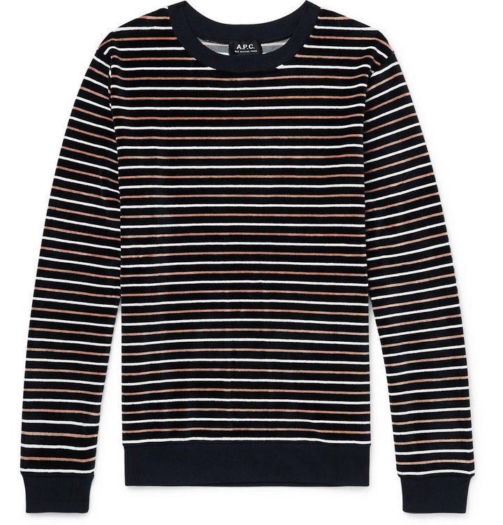 Photo: A.P.C. - Striped Cotton-Blend Velour Sweatshirt - Men - Navy