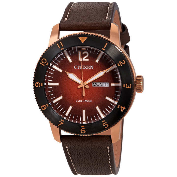 Photo: Citizen Orange Dial Brown Leather Mens Watch AW0079-13X