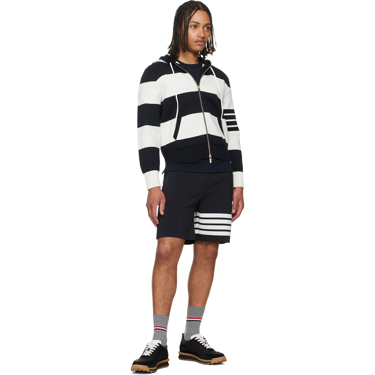 Thom Browne Navy & White Hector 4-Bar Rugby Hoodie