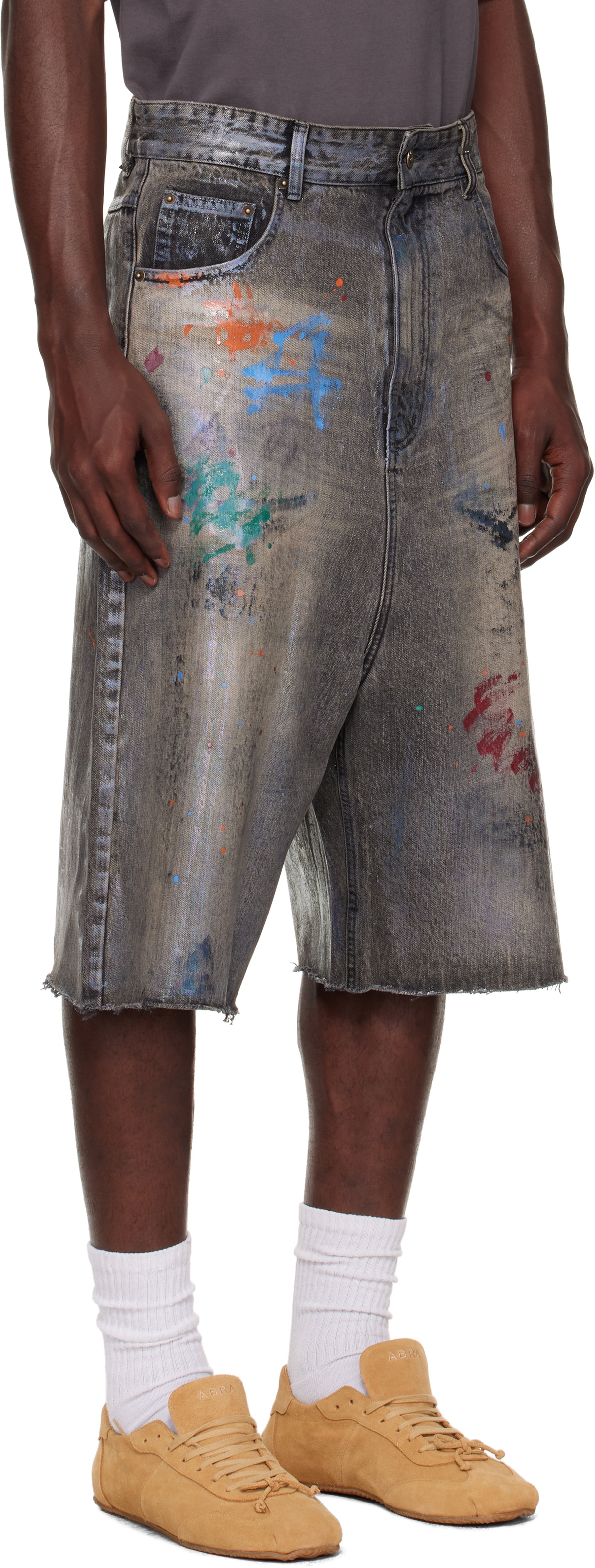 We11done Black Painted Denim Shorts