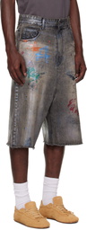 We11done Black Painted Denim Shorts