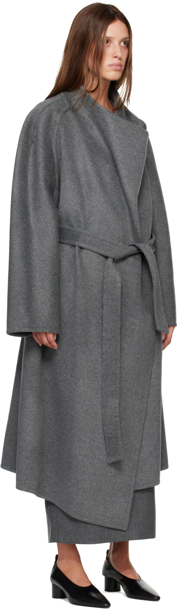 R2W Gray Porin Draped Button Wool Cash Coat