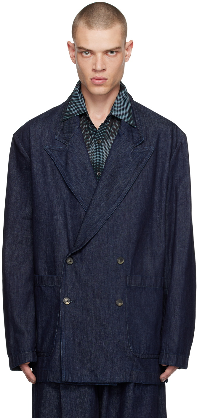 Dries Van Noten Navy Double-Breasted Denim Blazer Dries Van