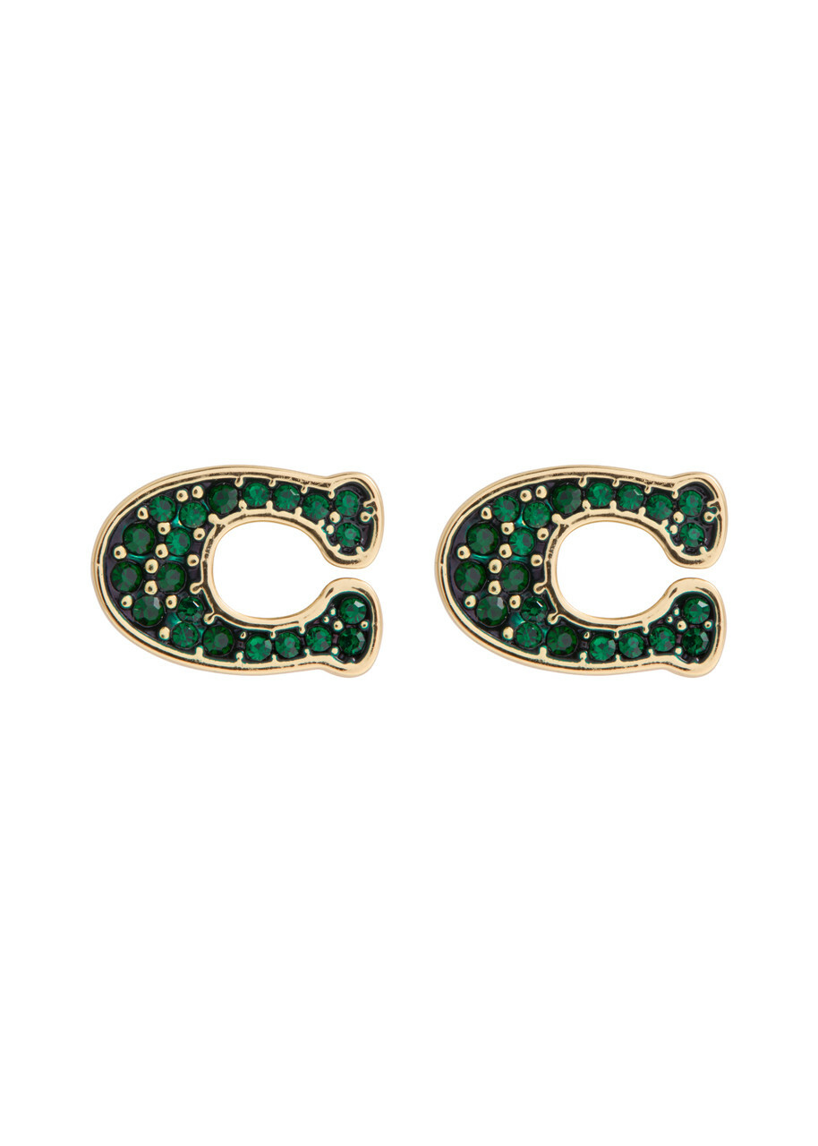 Coach Logo Crystal-embellished Stud Earrings - Green - One Size