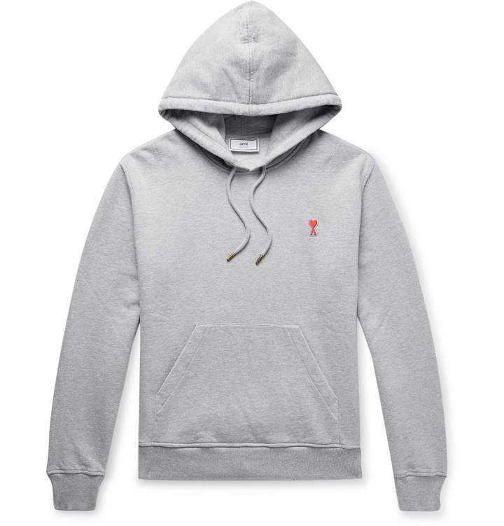 Photo: AMI - Slim-Fit Logo-Appliquéd Mélange Loopback Cotton-Jersey Hoodie - Gray