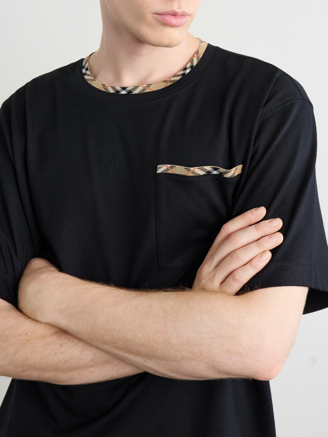 Burberry - Logo-Embroidered Checked Cotton-Jersey T-Shirt - Black