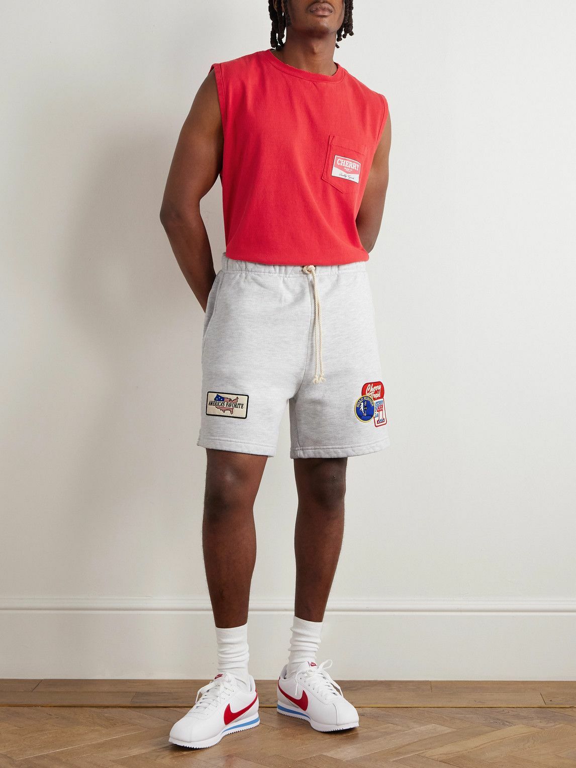 Cherry Los Angeles - Straight-Leg Appliquéd Cotton-Jersey Drawstring Shorts - Gray