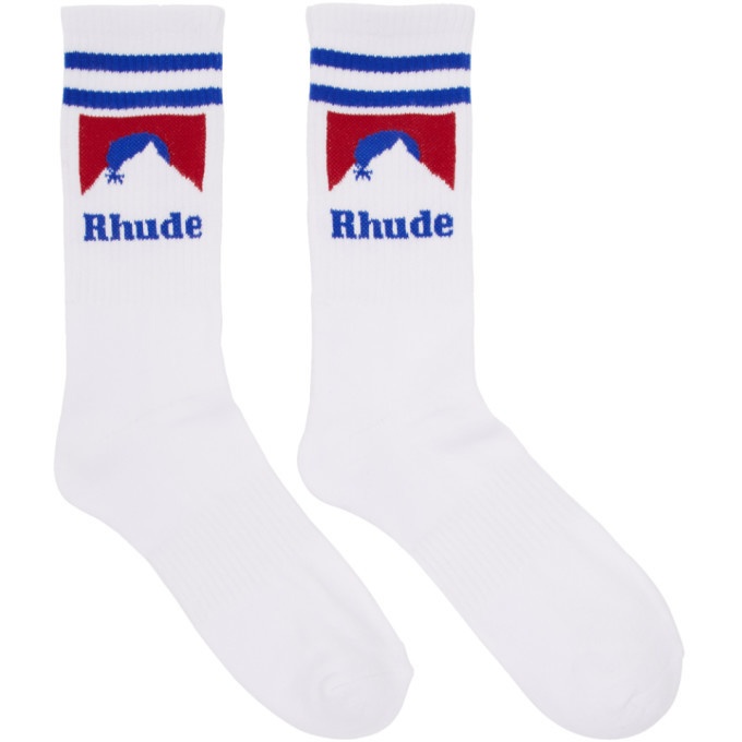 Photo: Rhude White and Blue Mountain Logo Socks