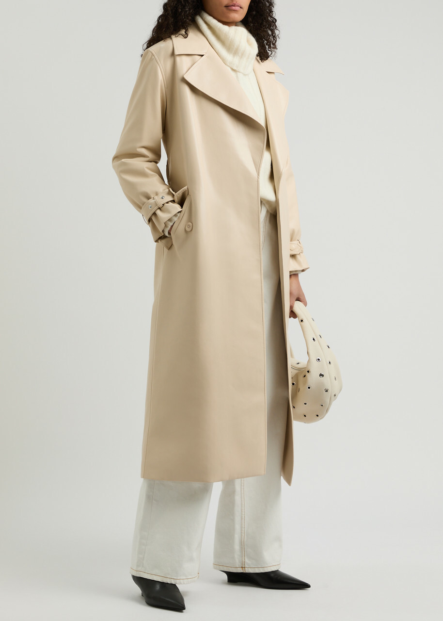 Alice + Olivia Sullivan Belted Faux Leather Trench Coat Cream