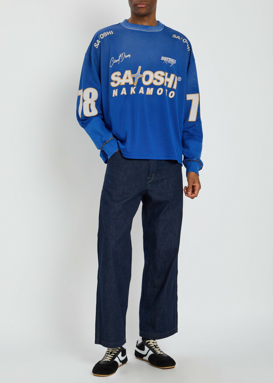 Satoshi Nakamoto Mesh Moto Logo-print Mesh Jersey T-shirt Blue