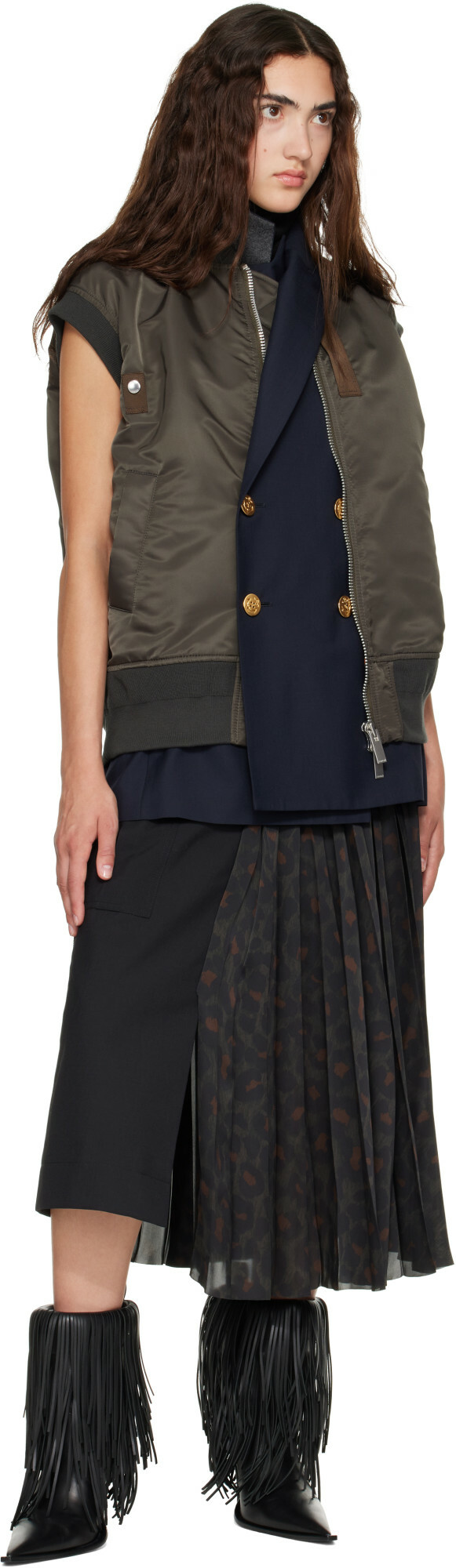 sacai Black Leopard x Suiting Midi Skirt