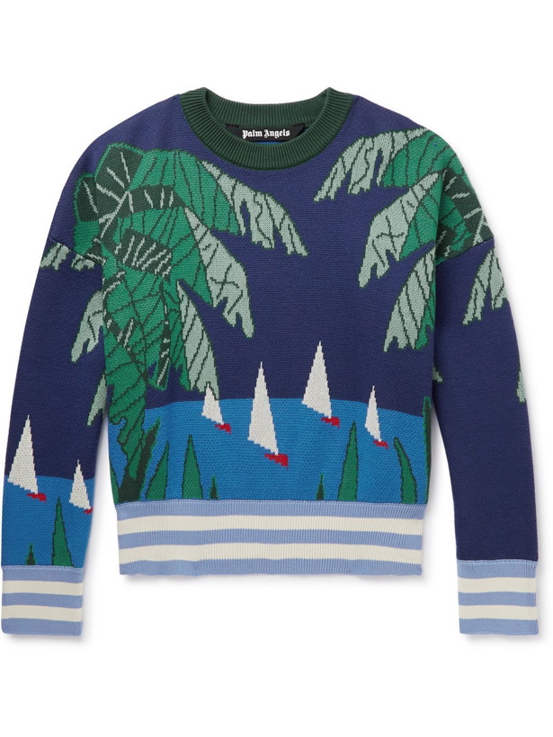 Photo: Palm Angels - Cropped Wool-Jacquard Sweater - Blue