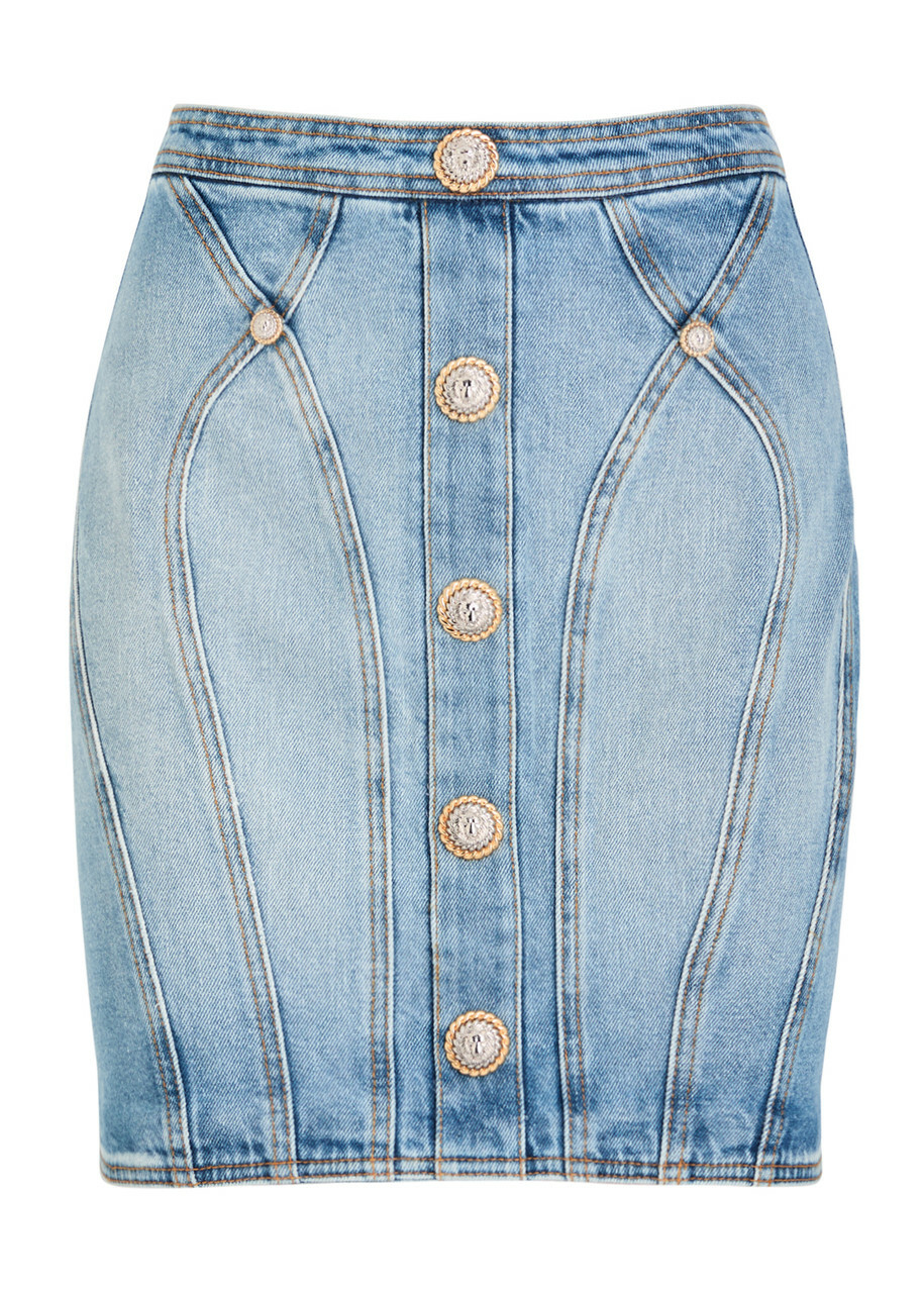 【関税＆送料込み】Balmain 4 Btn Denim Short Skirt Clothing Asymmetric denim short skirt blue blue - Women | BALMAIN