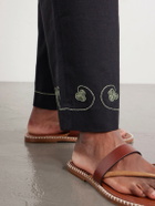BODE - Lucky Draw Straight-Leg Pleated Embroidered Cotton-Twill Trousers - Black