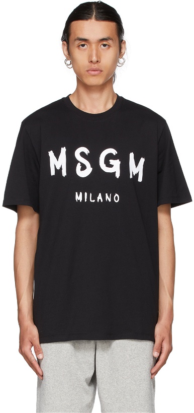 Photo: MSGM Black Paint Brushed Logo T-Shirt
