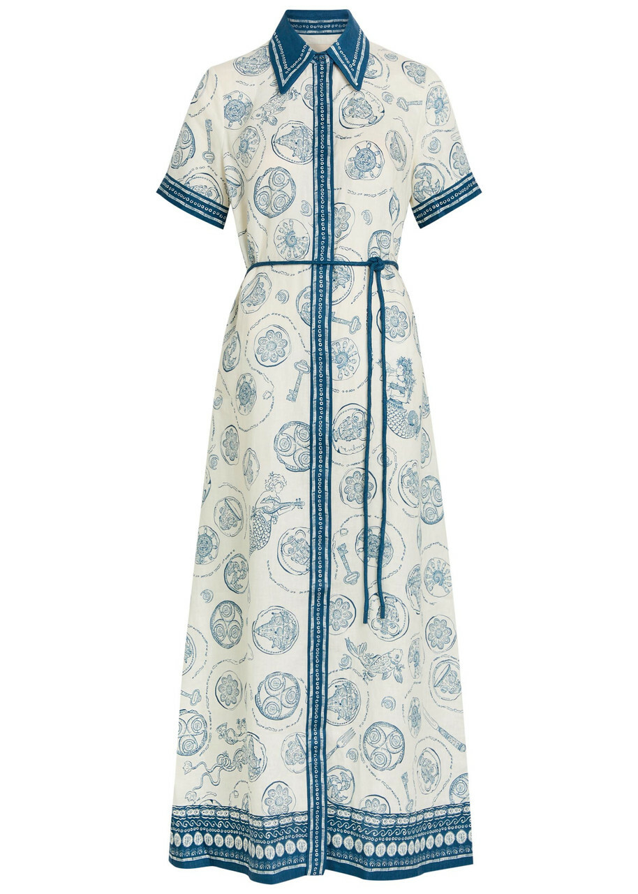 Alemais Lucky Printed Linen Midi Shirt Dress Ivory