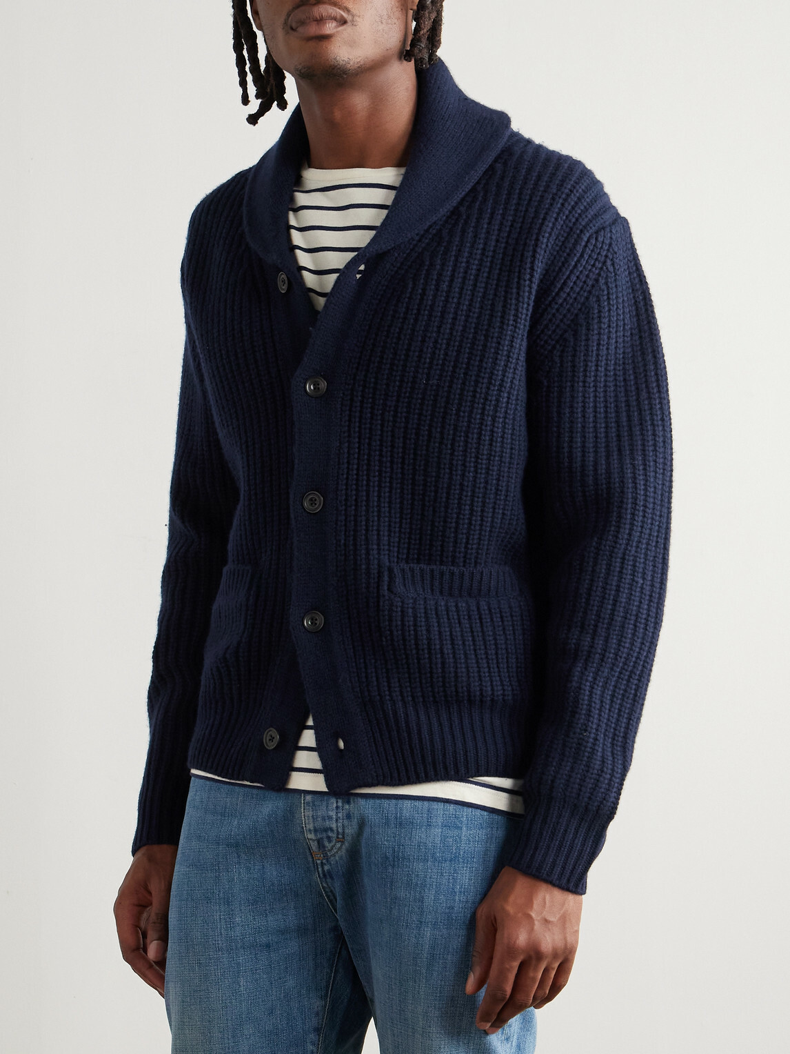 Hartford - Shawl-Collar Ribbed Wool Cardigan - Blue