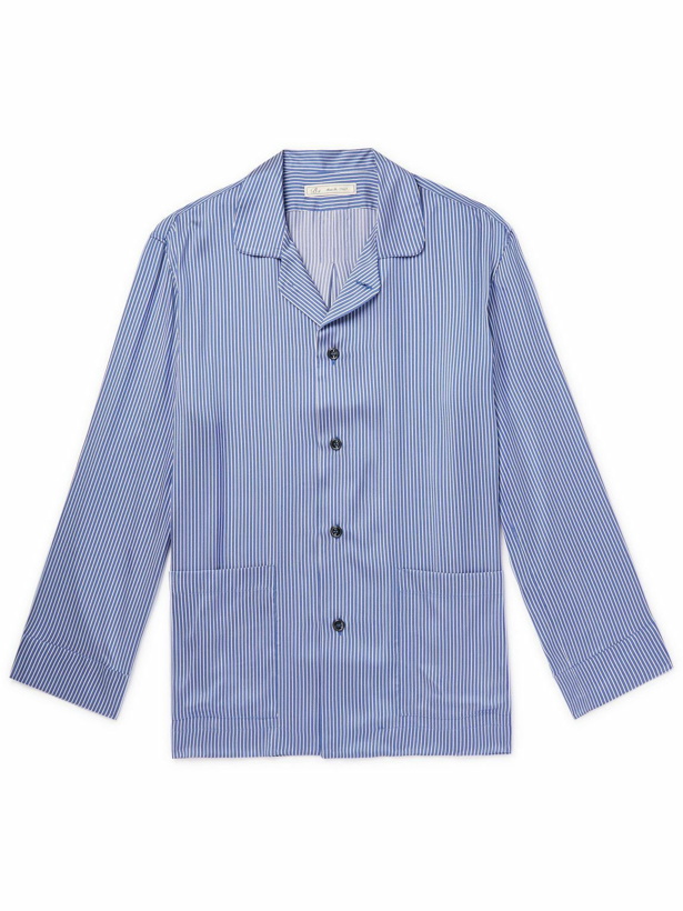 Photo: UMIT BENAN B - Lakehouse Convertible-Collar Striped Silk-Faille Shirt - Blue