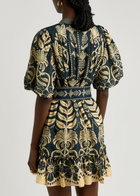 Farm Rio Anika Printed Belted Cotton-blend Mini Shirt Dress Dark Blue