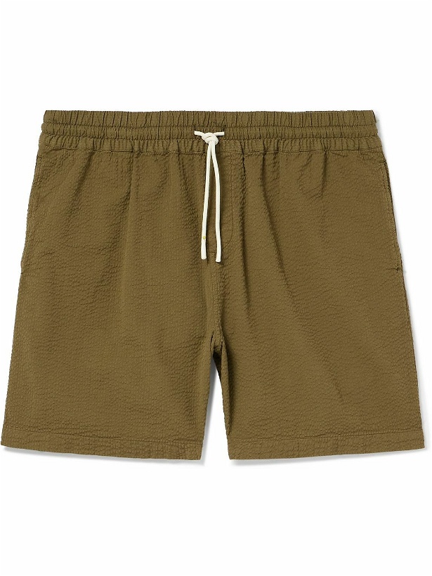 Photo: Portuguese Flannel - Atlantico Straight-Leg Cotton-Seersucker Drawstring Shorts - Green