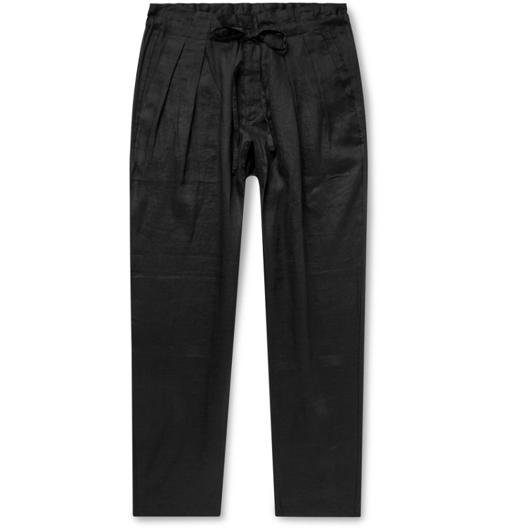 Photo: Monitaly - Black Pleated Linen Drawstring Trousers - Black
