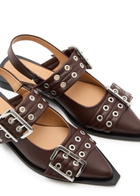 Ganni Buckle Ballerina Faux Leather Slingback Flats Brown