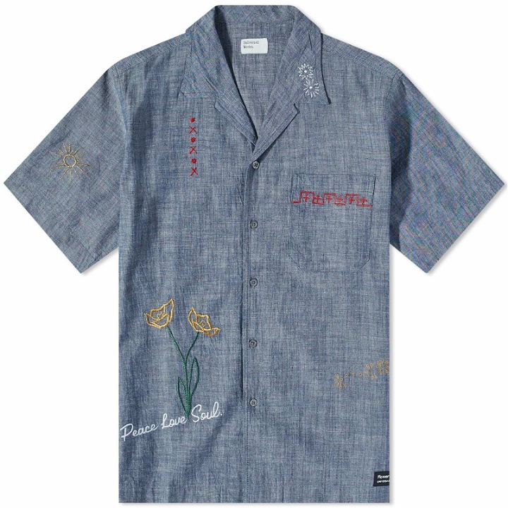 Photo: Universal Works Men's Embroidered Chambray Minari Vacation Shirt in Indigo