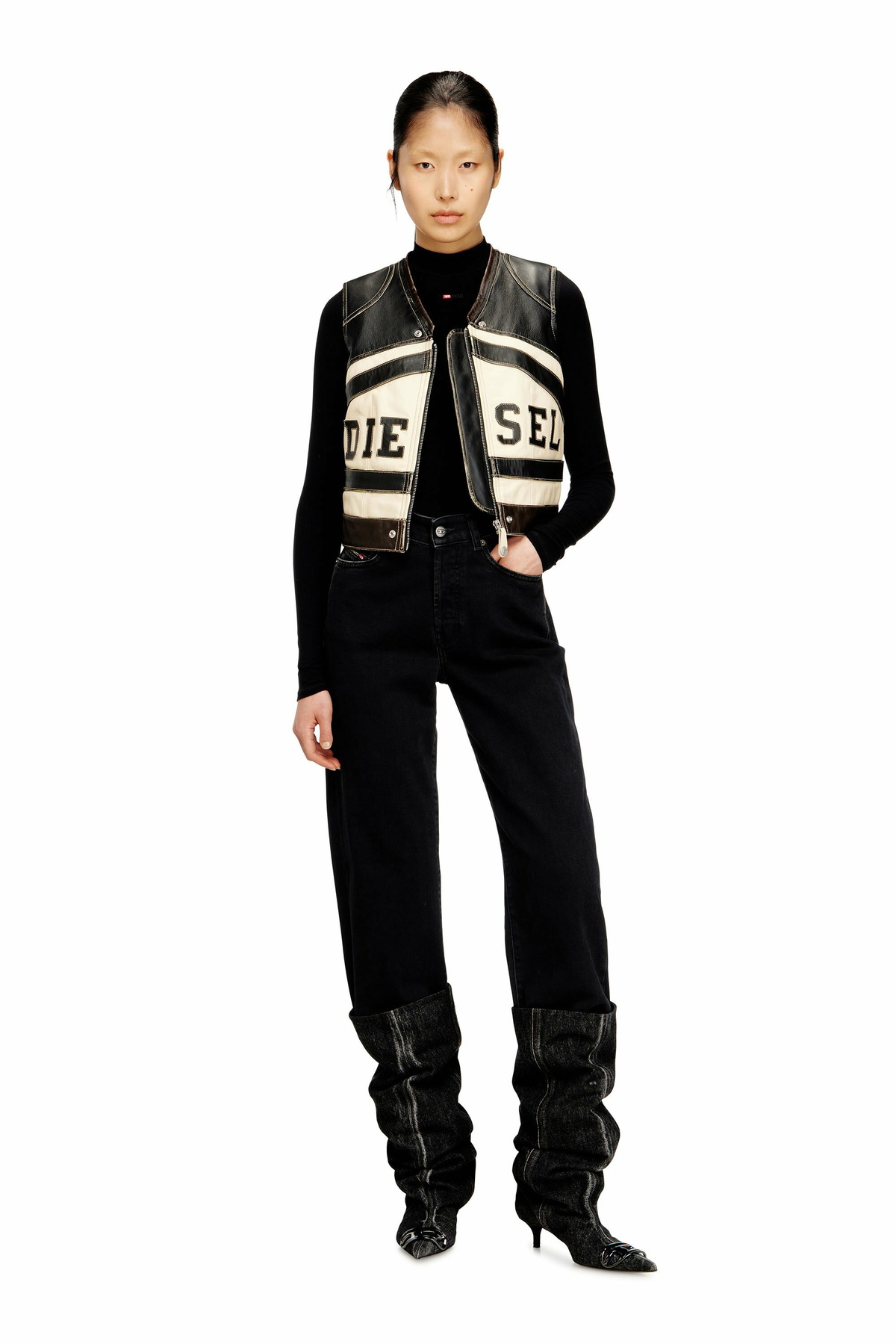 Diesel Leather vest with front logo and contrast stripes - Vests Womens in Multicolor